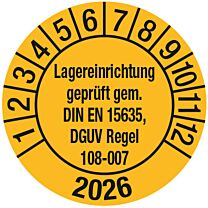 Prüfplakette - Lagereinrichtung geprüft gem. DIN EN 15635, DGUV Regel 108-007